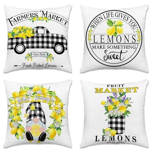 Spring Summer Pillow Covers 18x18 Set of 4 Outdoor 18" x 18" (Pack of 4) Lemon