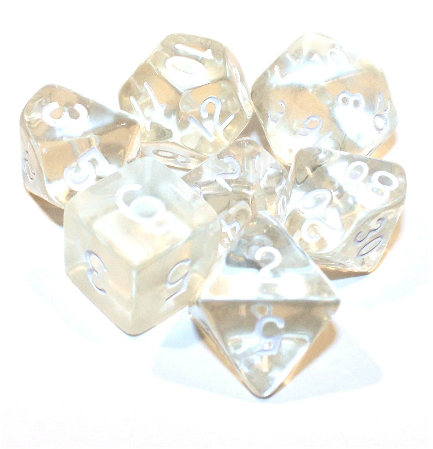 7 Piece Polyhedral Dice Set - Astral Echoes Translucent Clear - Grey Dice Bag