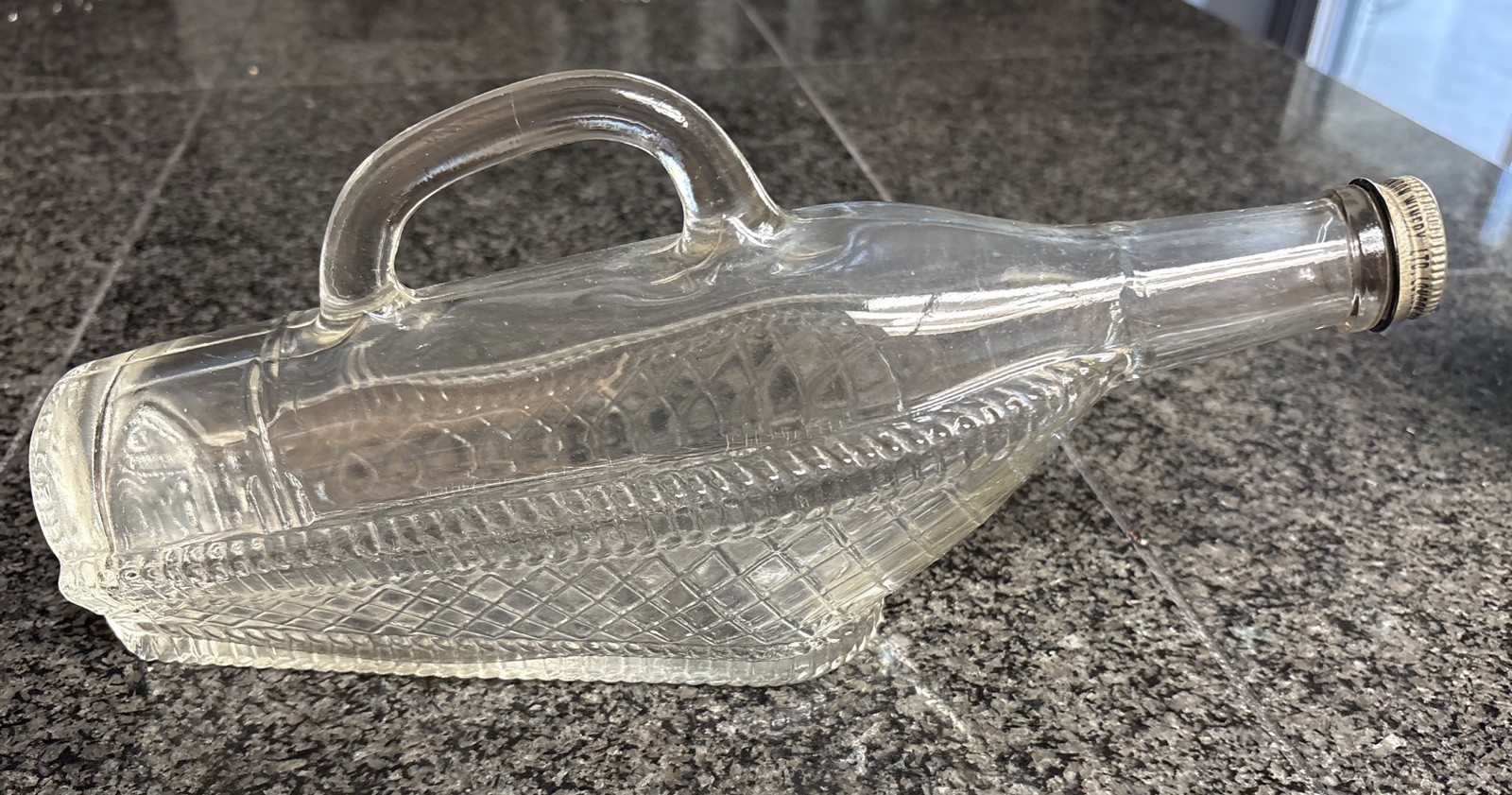Vintage 1965 London White Wine Empty Clear Bottle in Basket with Handle