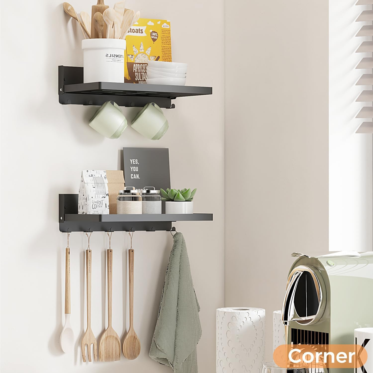 Small Folding Metal Shelf with Hooks, Fold-Up Wall Shelf, 6 Hooks, Drop down Flo