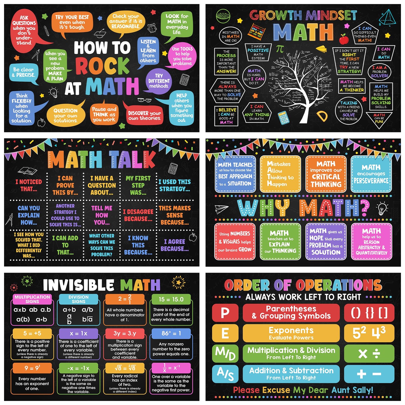 6 Pcs Math Posters (11"x16") - Math Classroom Supplies for Teachers, Decorati...
