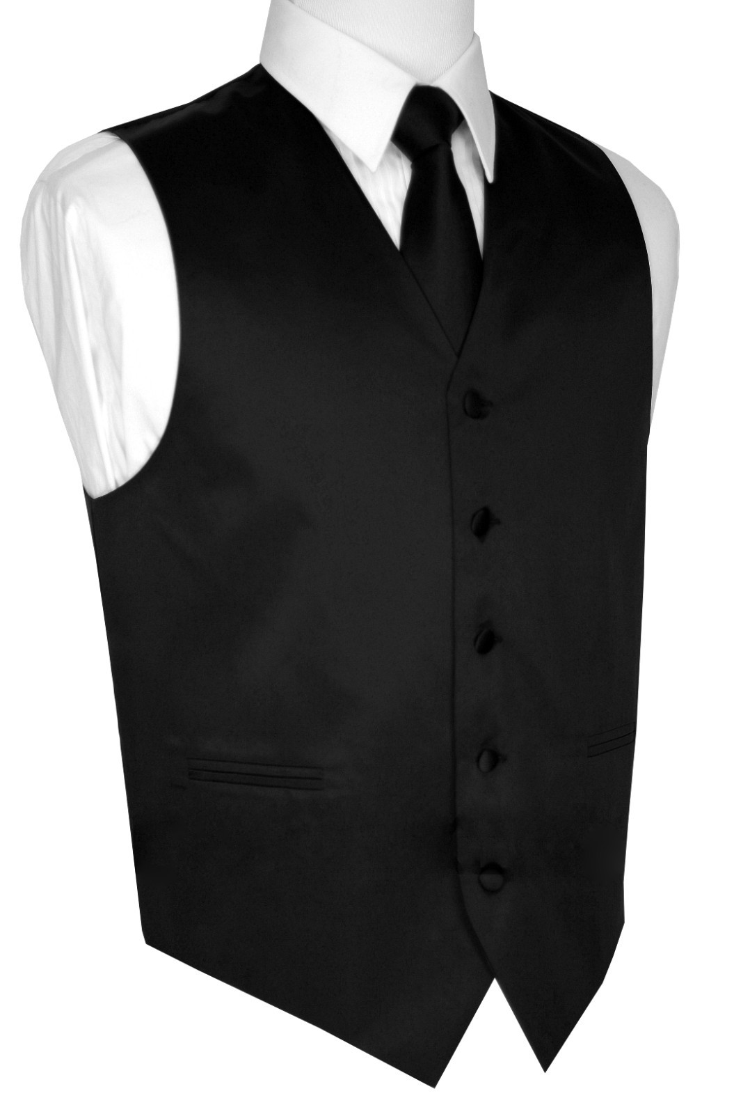 MEN'S BLACK SATIN TUXEDO VEST, TIE & HANKIE SET. WEDDING, DRESS, FORMAL, PROM