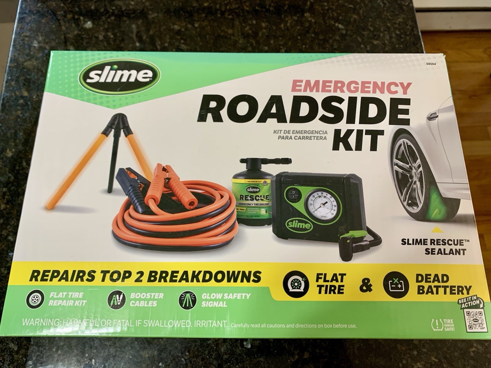 Slime 50154 Emergency Roadside Kit W/Tire Sealant, Inflator, Booster Cables NEW