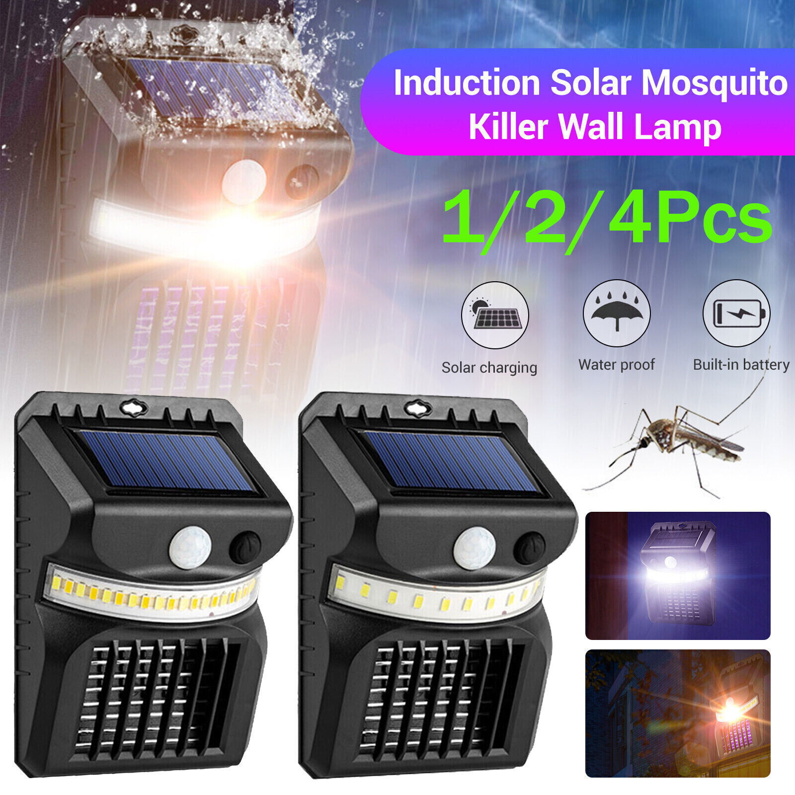 Outdoor Solar Powered LED Mosquito Lamp Fly Bug Insect Zapper Killer Trap Light