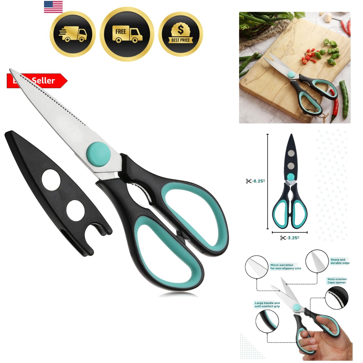 All Purpose Kitchen Shears with Protective Sheath, 8 Inch, Dishwasher Safe, S...