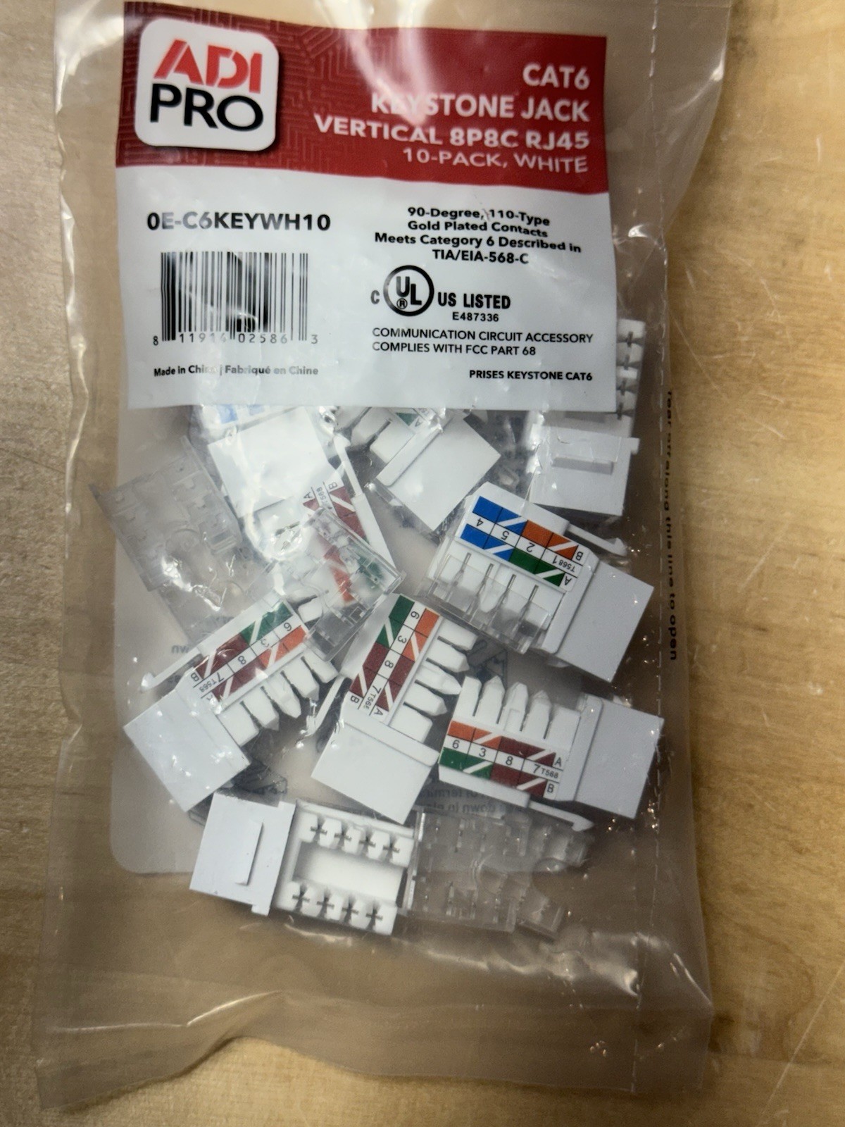 10 Pack Adi Pro CAT6 Keystone Jack Vertical 8P8C RJ45  White Finish 0E-C6KEYWH10