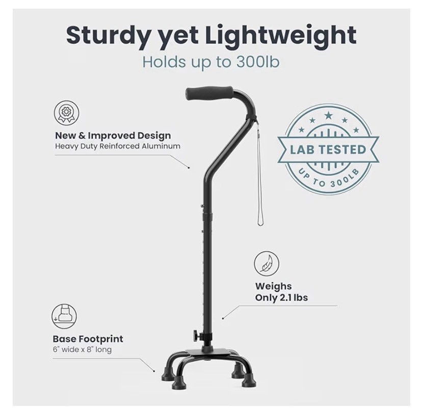 Pelegon Quad Cane Adjustable Height Lightweight Sturdy Black 300 lb