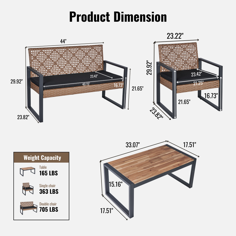 Patio Furniture Set Acacia Wood Table Top Morden Black & Light Brown