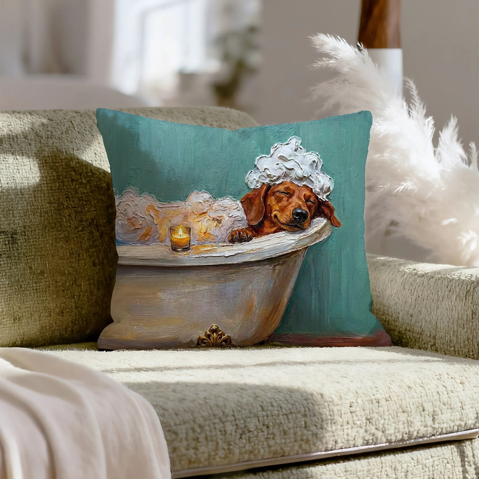 "Spa Day" - Dachshund Pillow Cover - Dog Lover Wall Art Home Decor