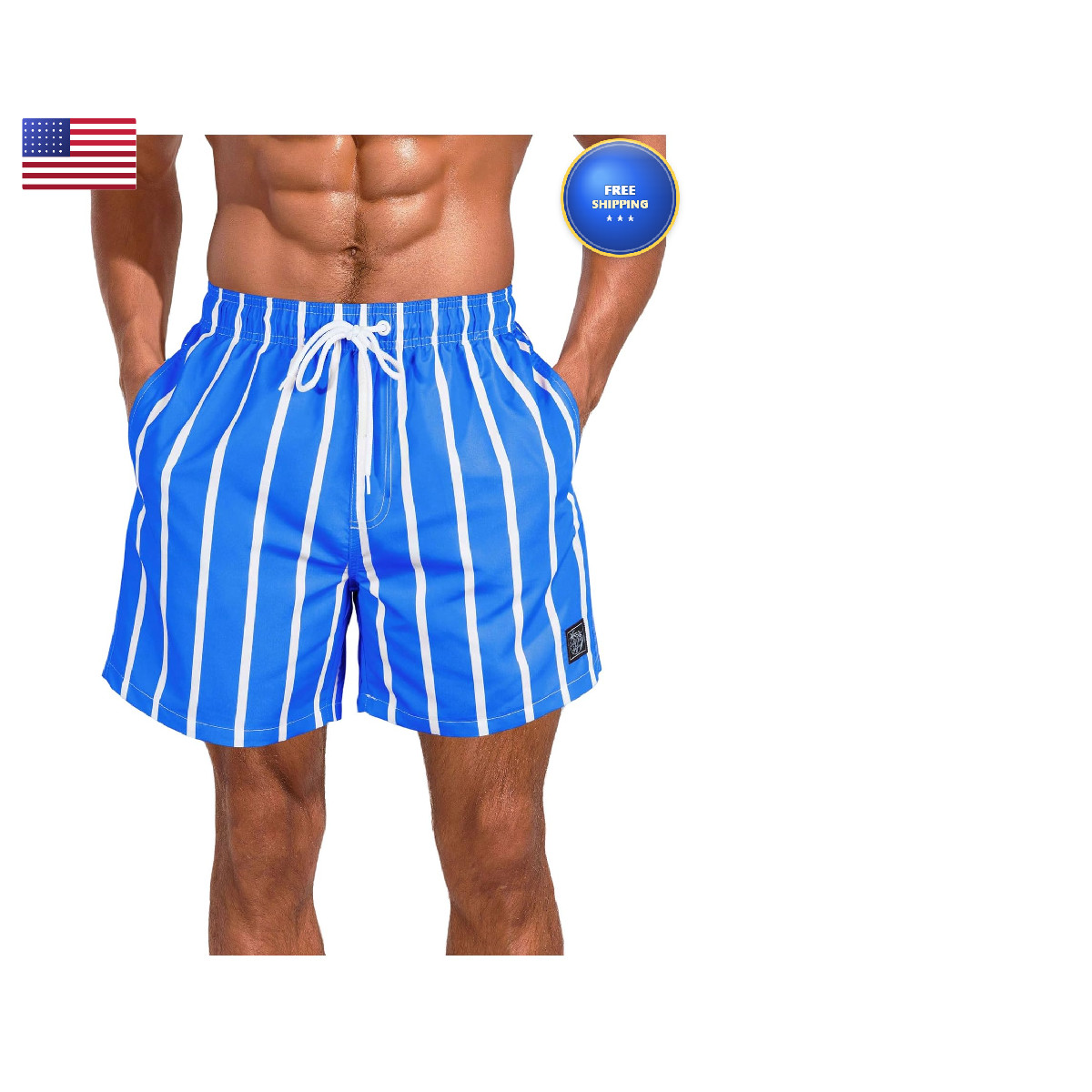 Cozyease Mens Swim Trunks Quick Dry Elastic Drawstring Print Beach Shorts Royal