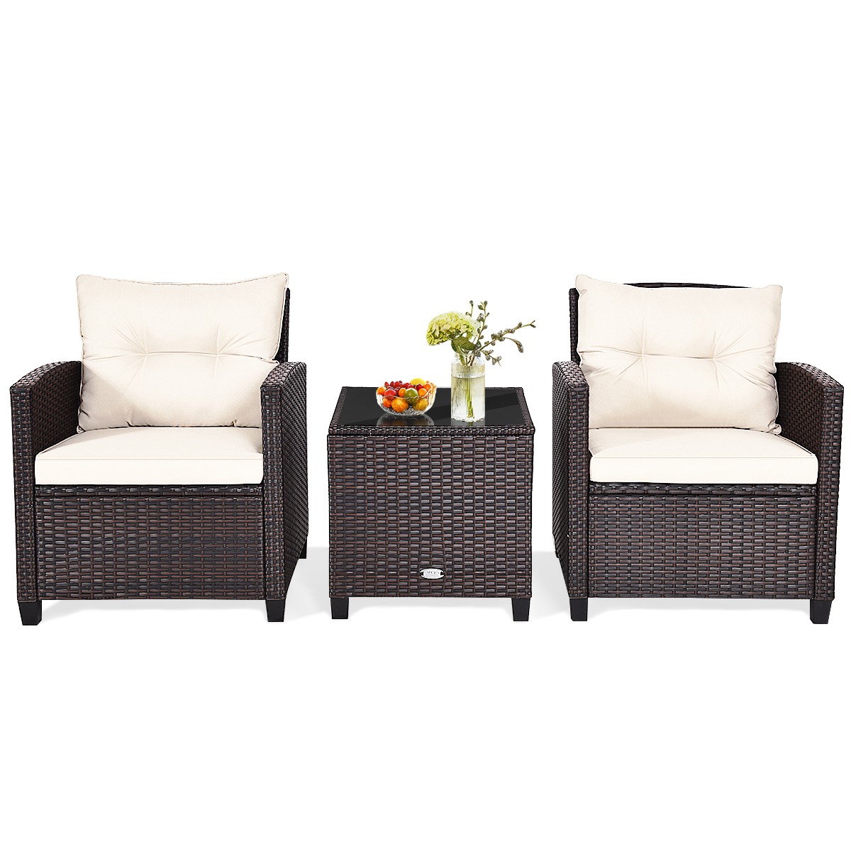 Patiojoy 3PCS Wicker Cushioned Conversation Set Outdoor Rattan Furniture W/ Off