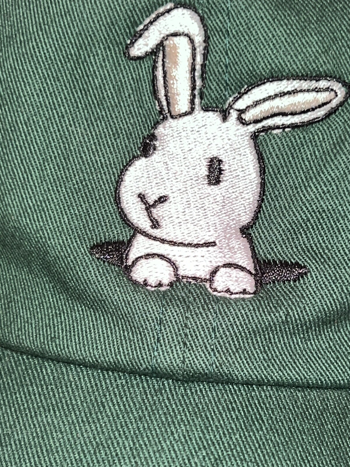 Green w White Rabbit Bunny embroidered hat Strap Buckle Cotton EUC