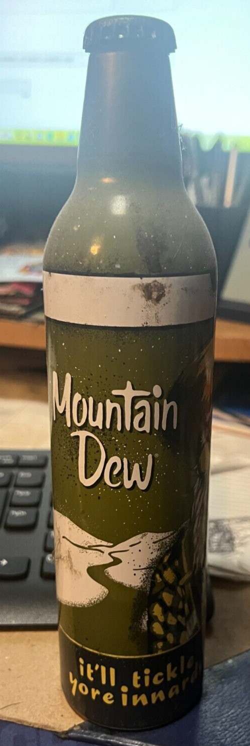 GREEN LABEL ART-----FULL---ALUMINUM MOUNTAIN DEW BOTTLE---PETE WOLLAEGER