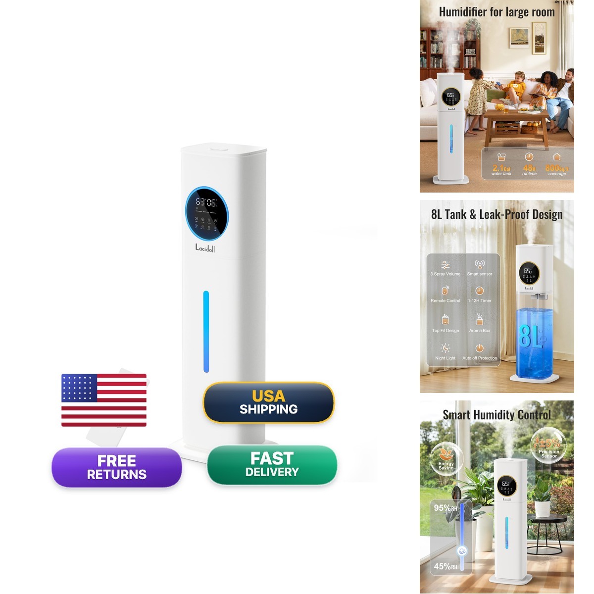 Lacidoll LCD-MH-2303A-N 8L Humidifier Essential Oil Diffuser Night Light Top