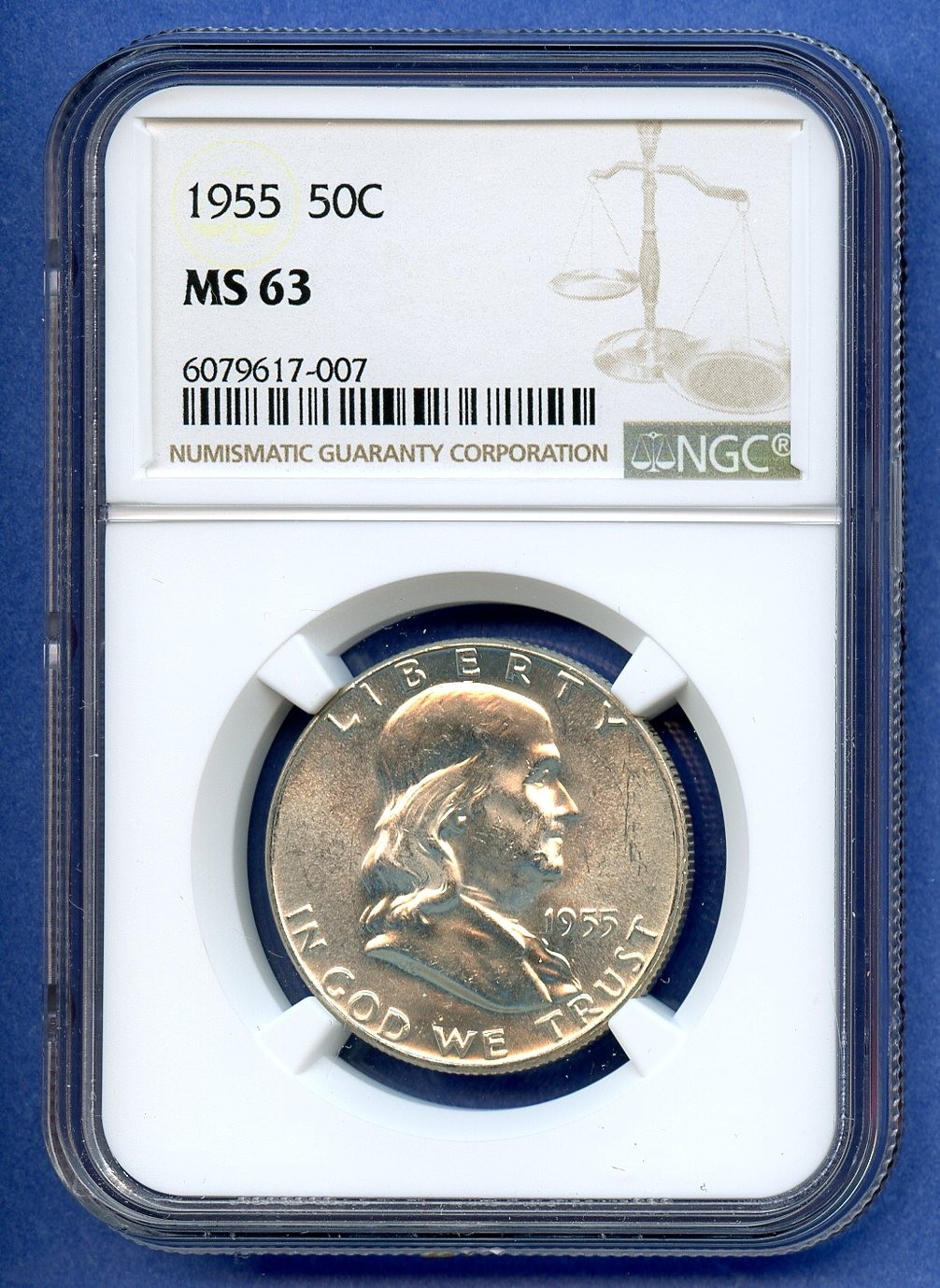 1955 P NGC MS63 Franklin Half Dollar 50c Silver US Mint 1955-P MS-63 Blast White