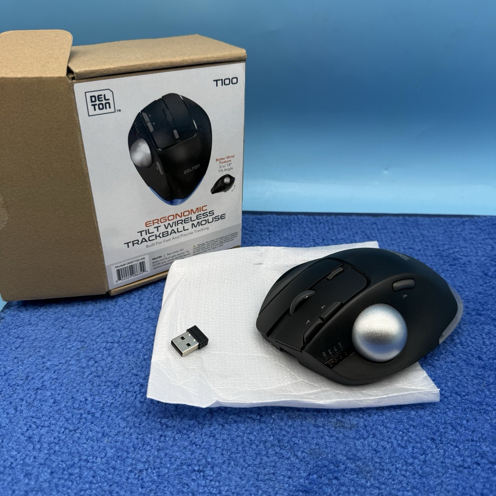 Delton T100 Wireless Trackball Mouse, Rechargeable Computer Mouse, Black