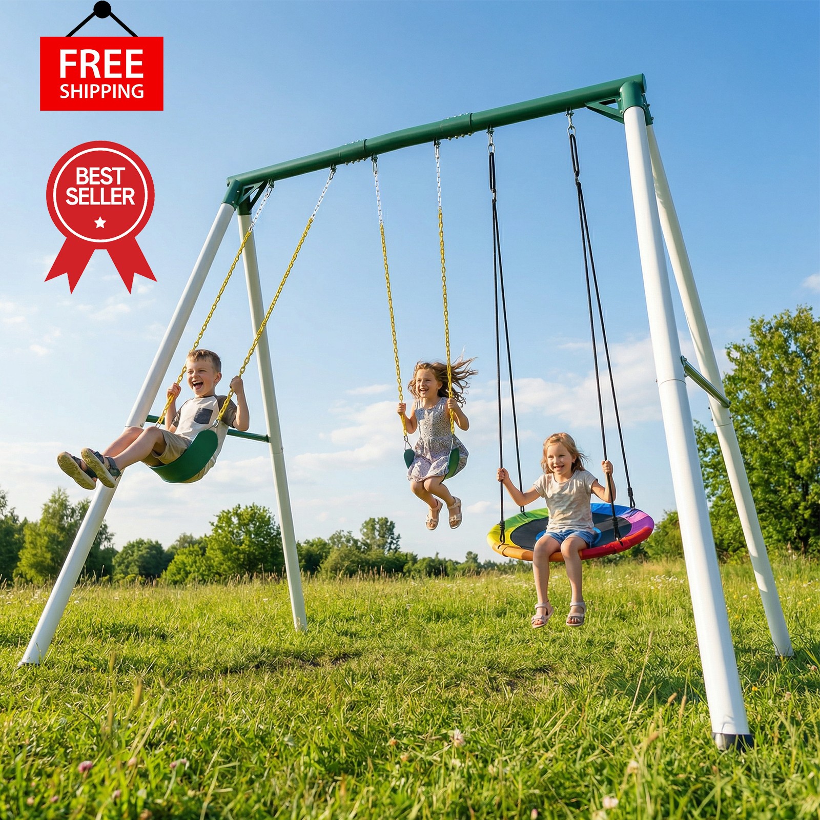700LBs Heavy Duty A-Frame Metal Swing Set with 3 Swings Kids Adult Backyard Play