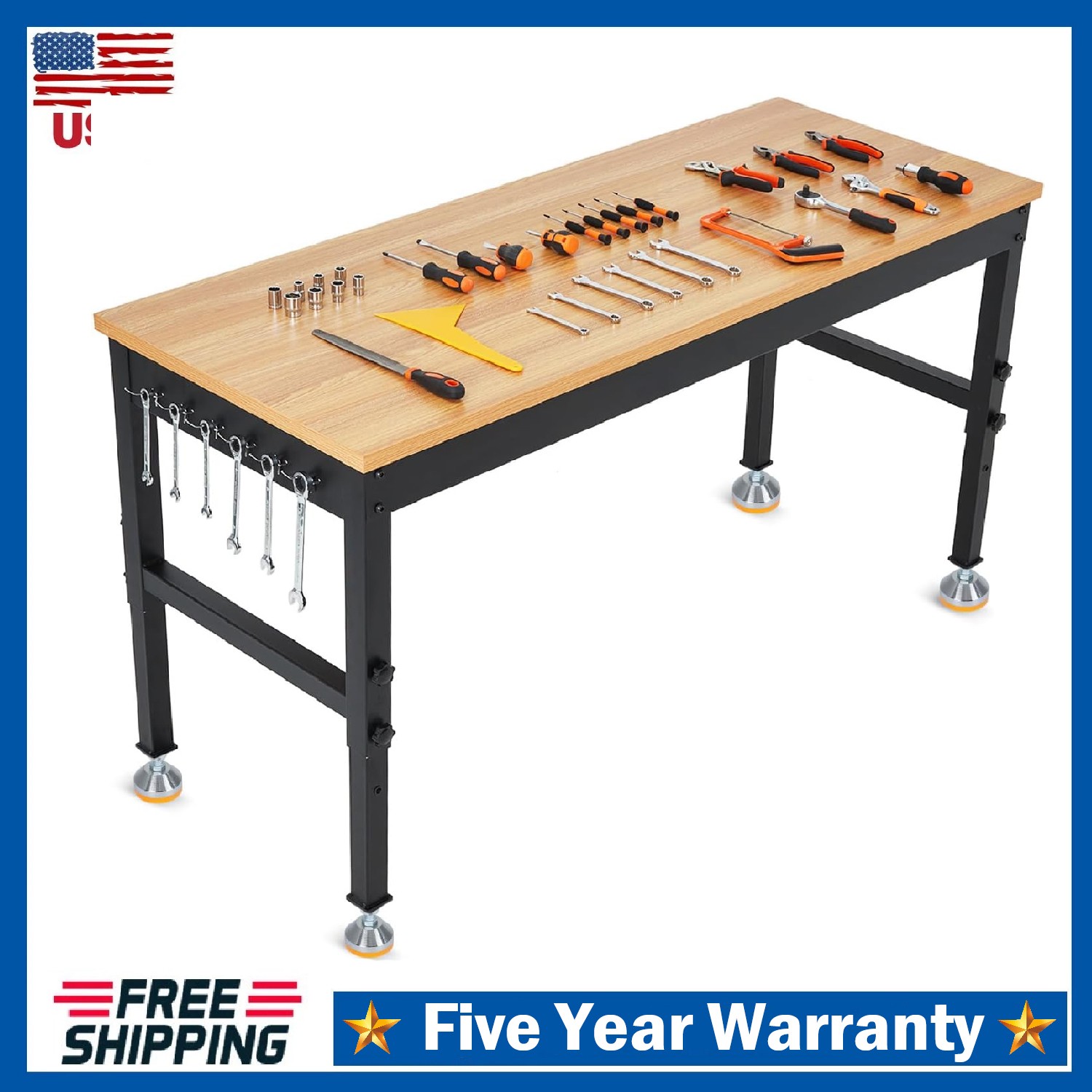 72" Workbench Adjustable Height Work Table Garage ,2500LBS Load Rubber Wood Top