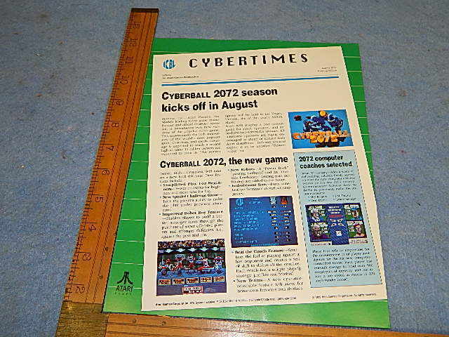 1989 Atari CYBERBALL 2072 Video Arcade Game Advertising Flyer