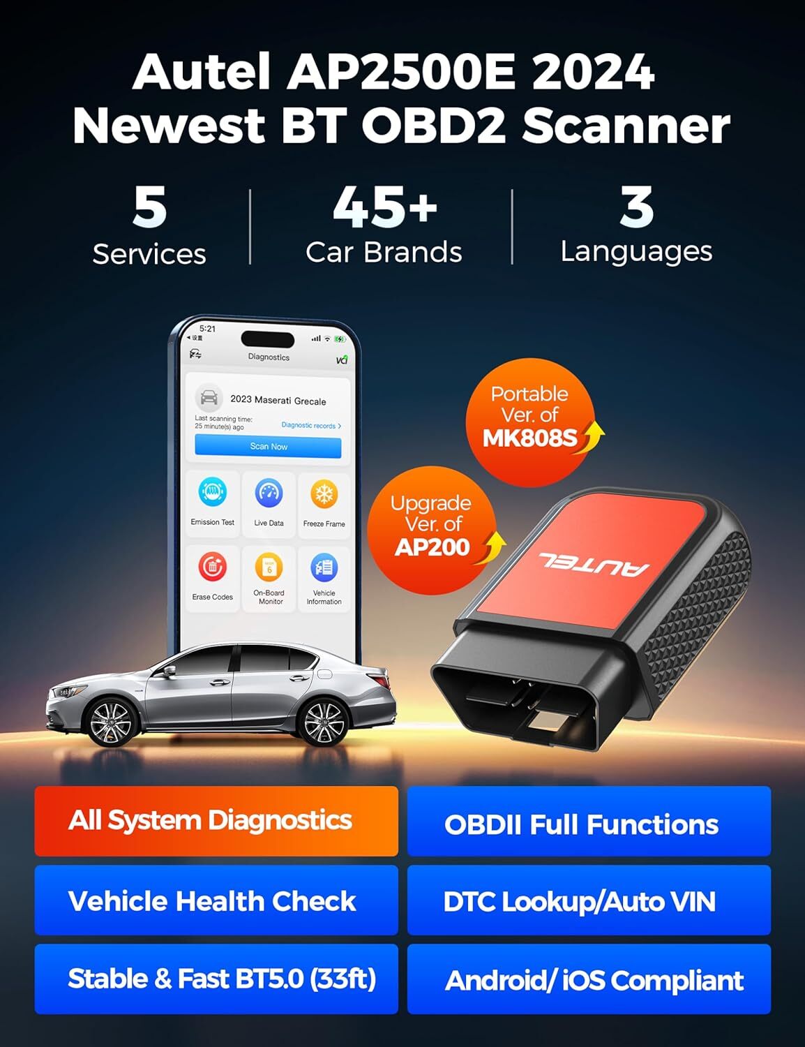 Autel MaxiAP AP2500E OBD2 Code Scanner Dongle Wireless Bluetooth Diagnostic Tool