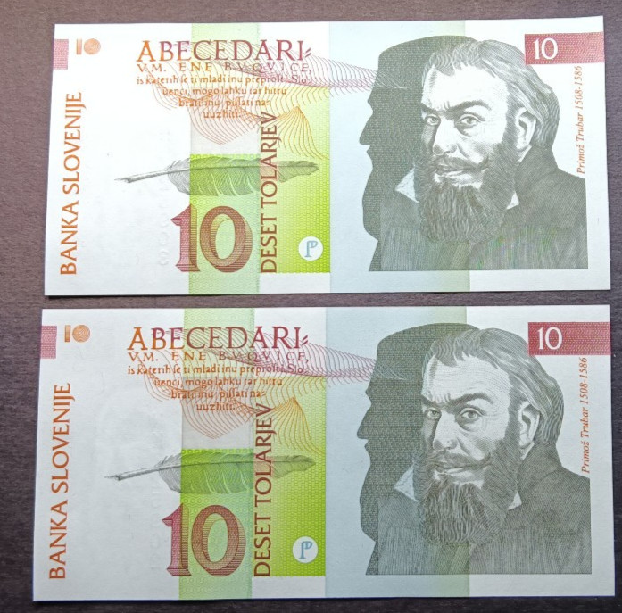 SLOVENIA 1992 10 TOLARJEV lot of 2 consecutive sn UNC
