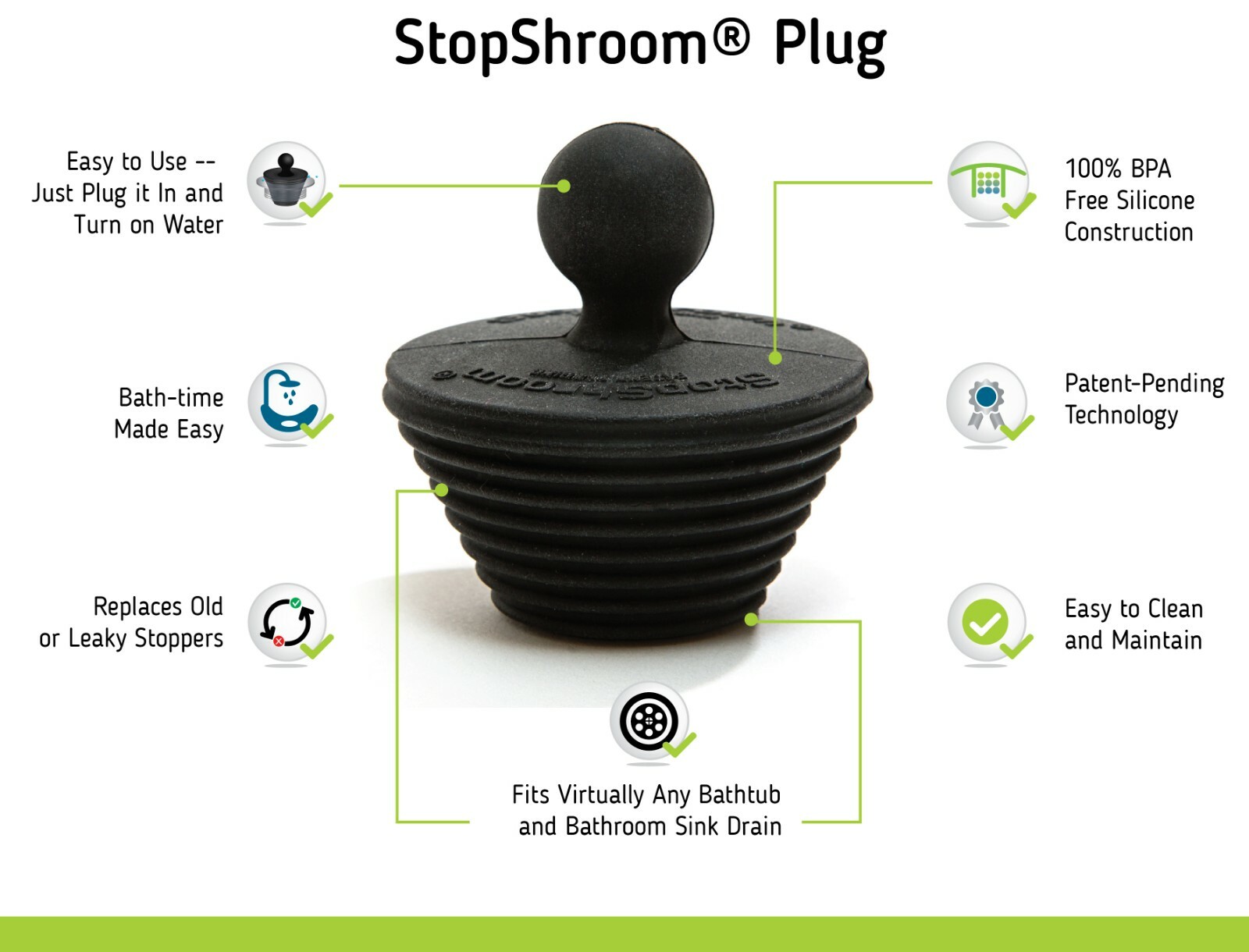 SinkShroom Black Strainer Drain Protector Hair Catcher w/ Stopper Plug for Sinks
