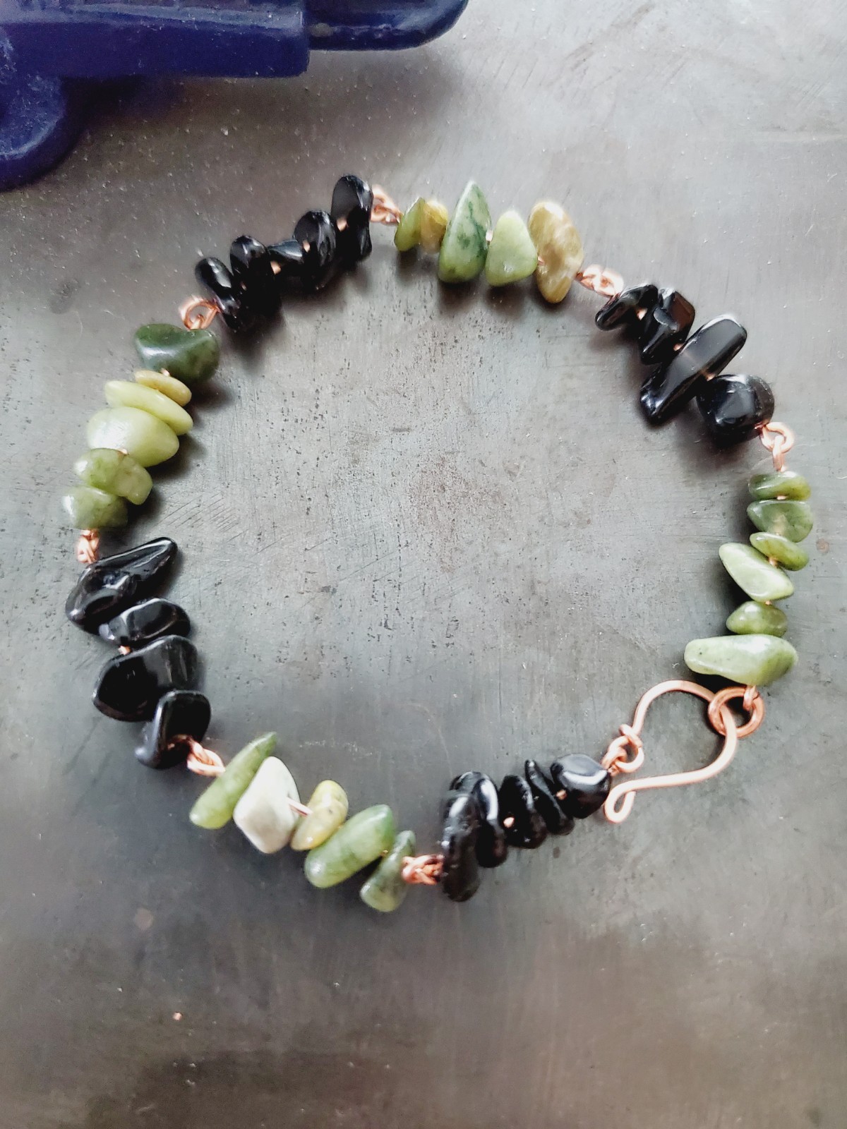 Copper Gemstone Bracelet Black Obsidian Green African Jasper Stone Boho Earthy