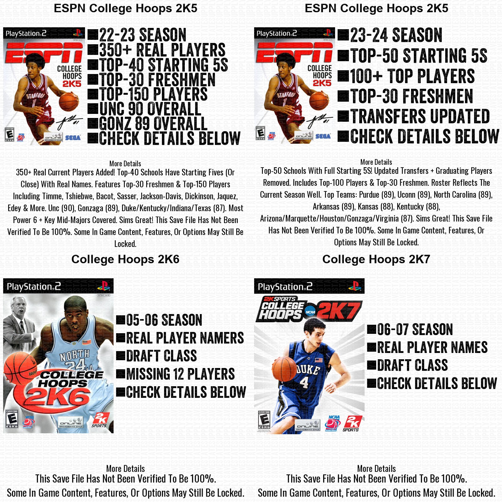 ESPN College Hoops 2K5 Roster Update Playstation PS2 PS3 Memory Card USB