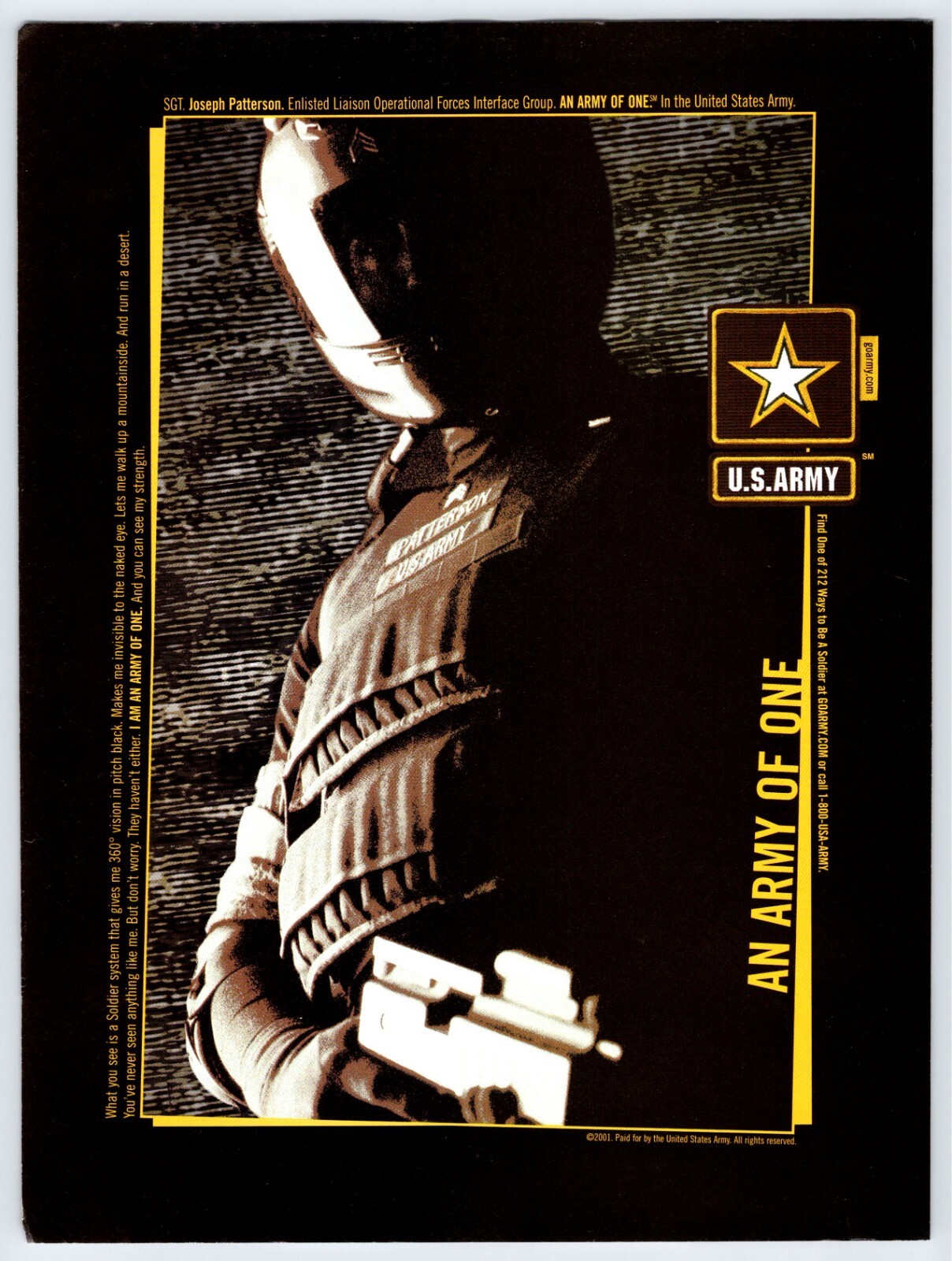 2001 U.S. ARMY AN ARMY OF ONE Vintage 8"X10.75" Magazine Ad 00's M560