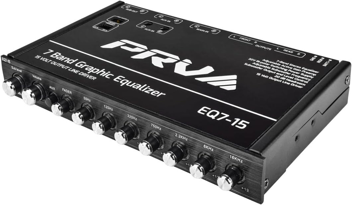 EQ7-15 7 Band Graphic Equalizer 15 Volt RCA Line-Level Output with Fader and Sub