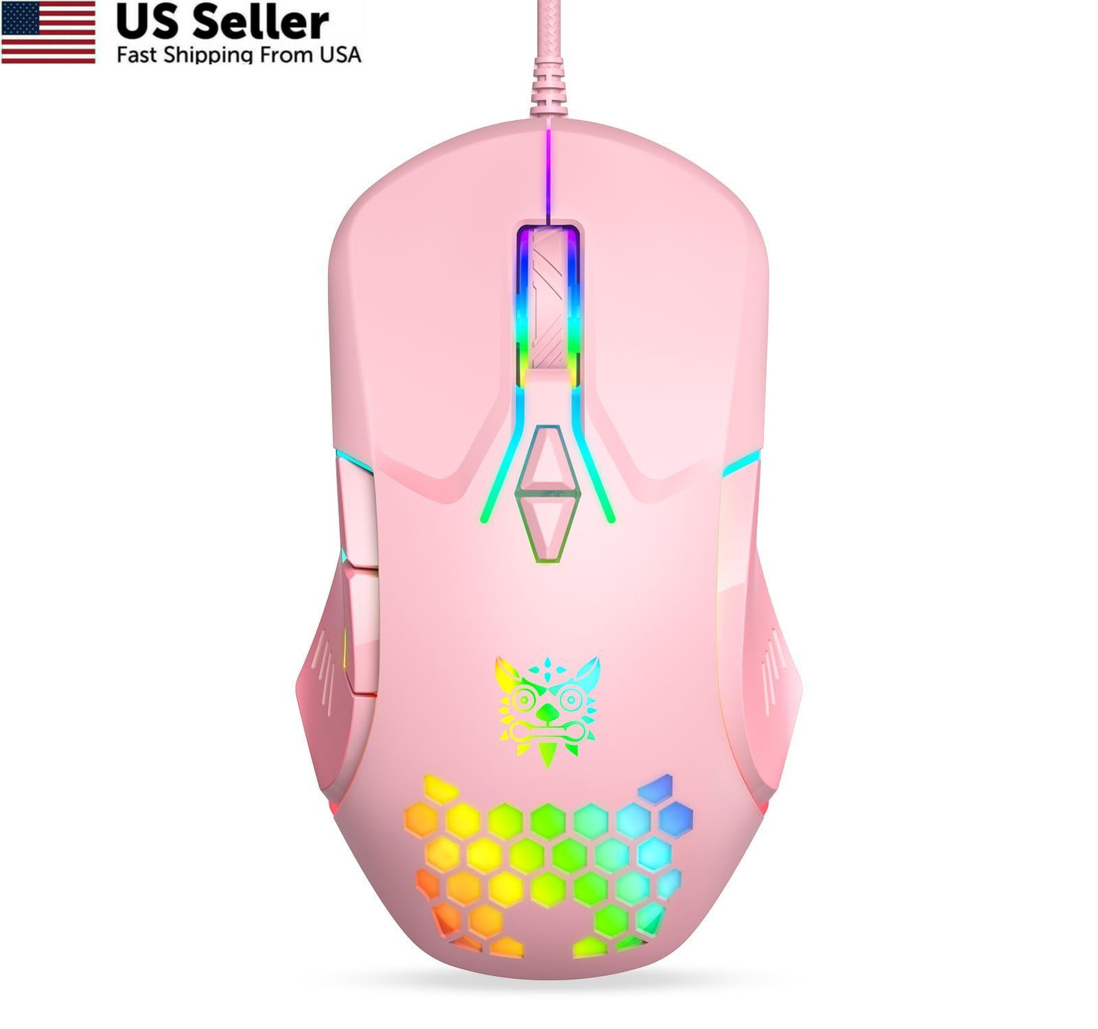 ONITOON Wired USB Mouse, Computer Mouse with RGB Lighting, 4 Adjustable Pink
