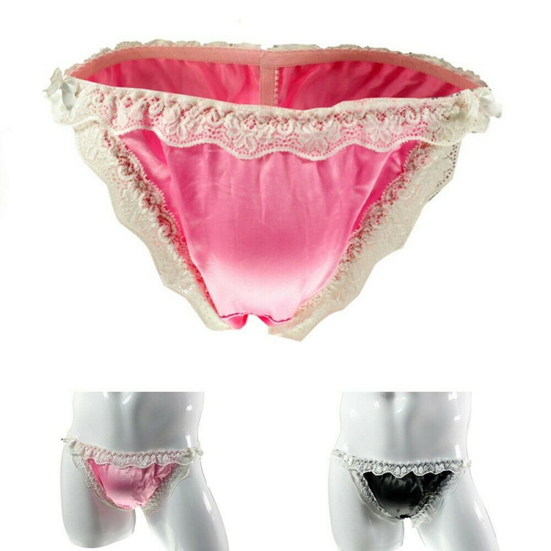 Men Sexy Underwear Breathable Nightclub Bow Sissy Gay Satin Lace Briefs Panties