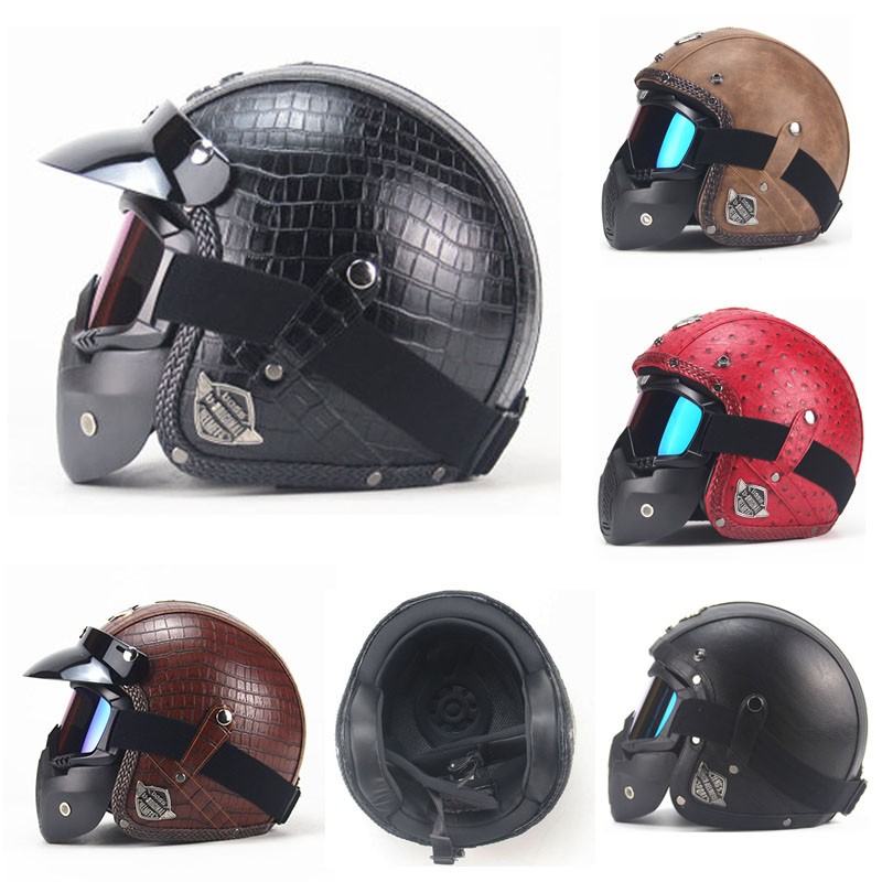 3/4 Leather Motorcycle Helmet Open Face Vintage Bike Classical Helmet W/mask DOT