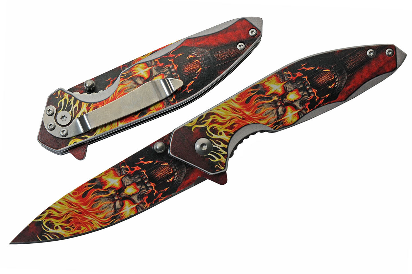 Spring-Assist Folding Knife | 3" Drop Point Blade Flaming Skull Fantasy EDC