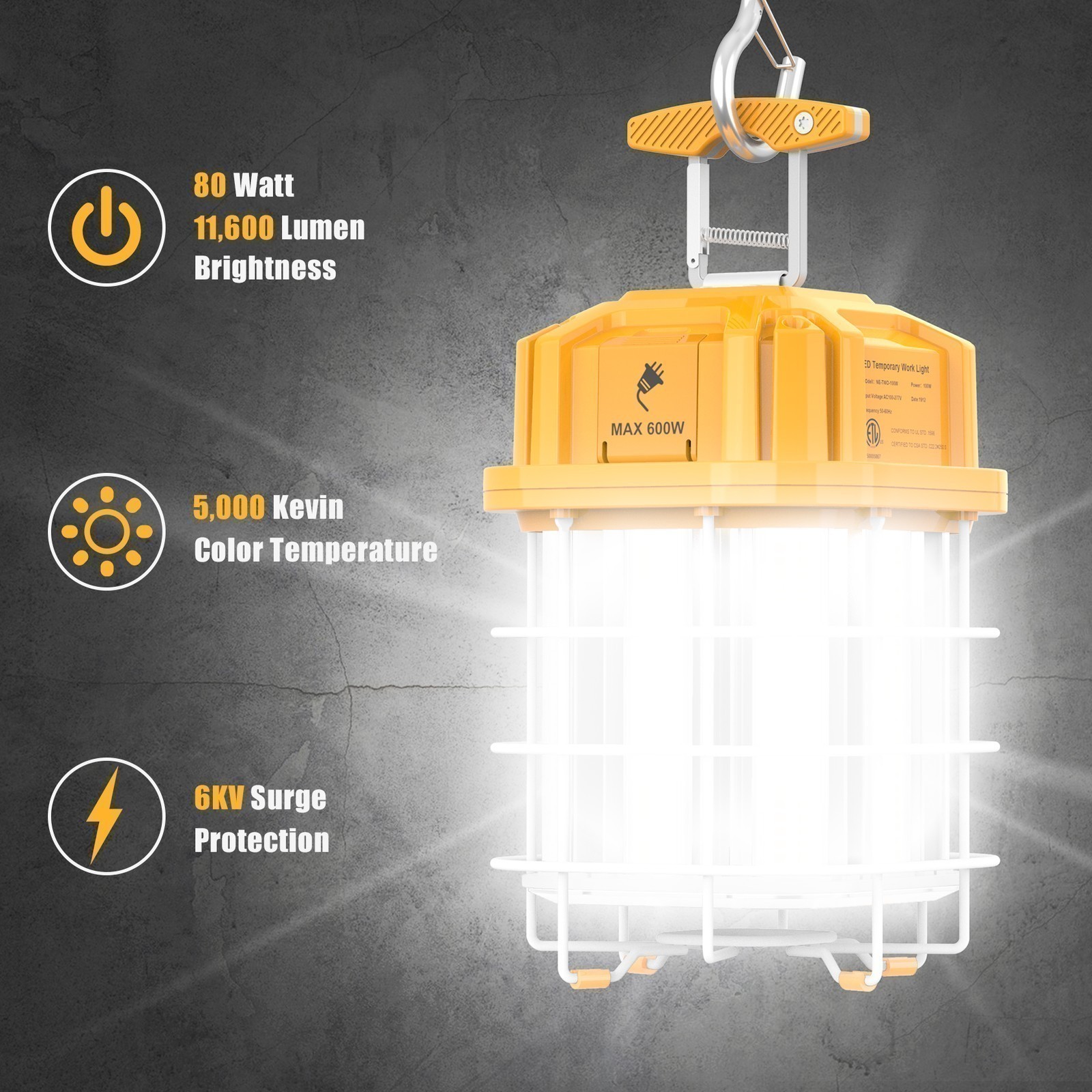 80W LED Temporary Work Light Linkable Construction Workshop Hanging Lamp 12000LM