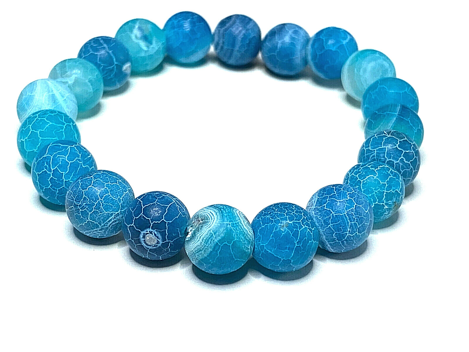 Handmade 10mm Blue Ice Crackle Agate Gemstone Bead Bracelet