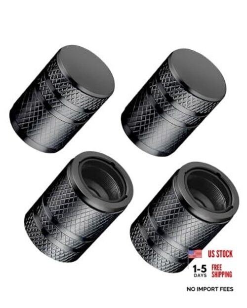 Tire Valve Stem Caps - (4 Pack) Premium Metal Air Caps with Universal Black