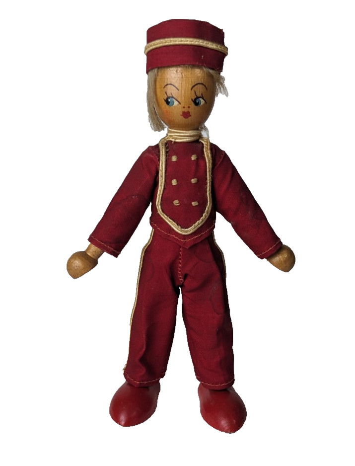 Vintage Wooden Doll red Bellhop Uniform Hand Painted Figure