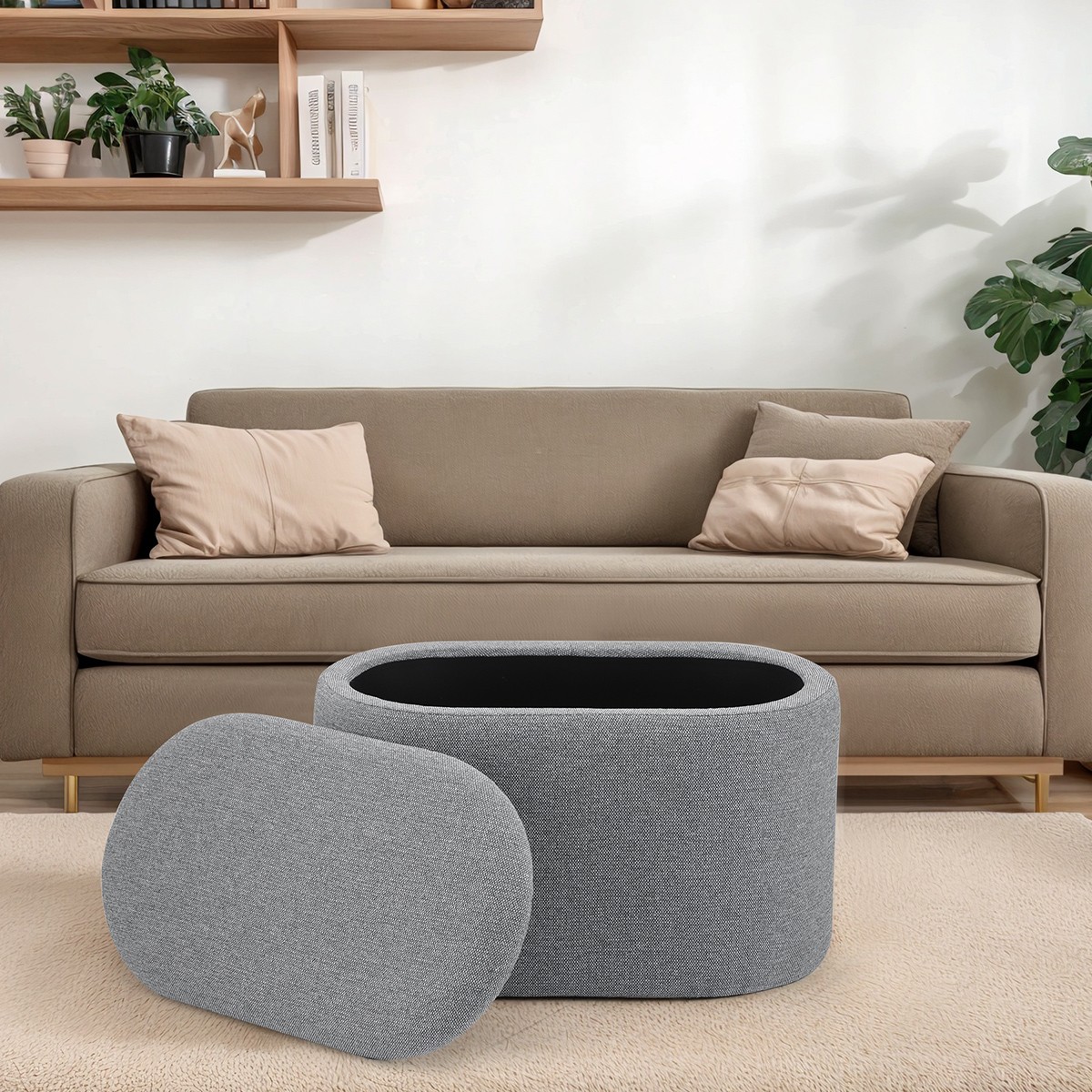 25'' Linen Oval Small Seat Storage Ottoman Footstool Modern Living Room Gray