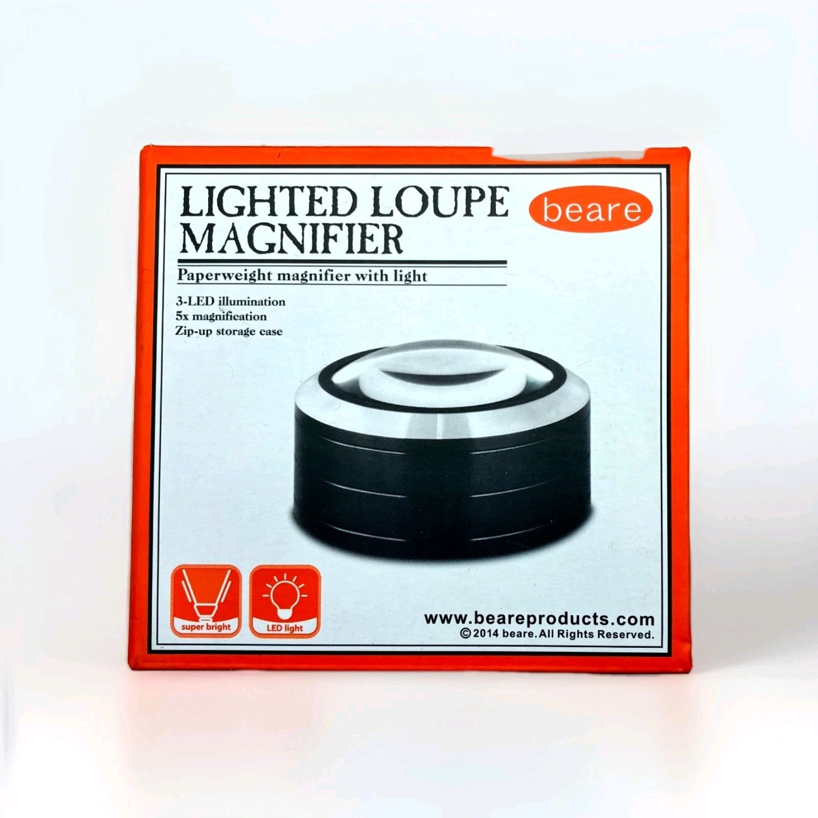 Beare Lighted Loupe Magnifier 5x Paperweight Style 3-LED Lights with Zip-up Case