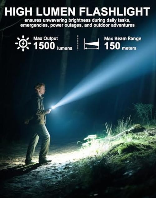 EDC Tactical Flashlight, 1500 High Lumens Rechargeable LED Flashlight, DT007
