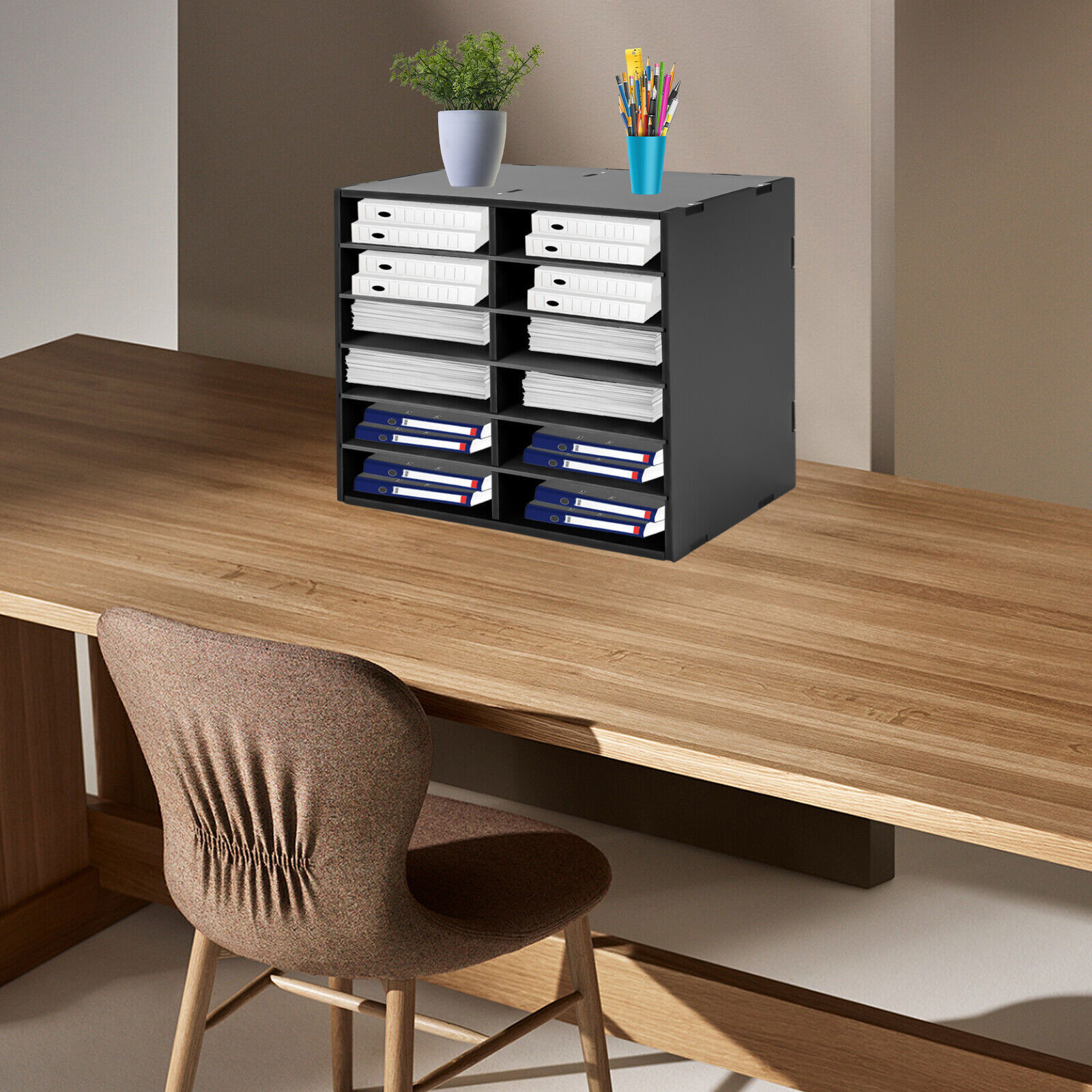 PVC Literature Organizer File Sorter Paper Desktop Storage Holder 12 Slots Black