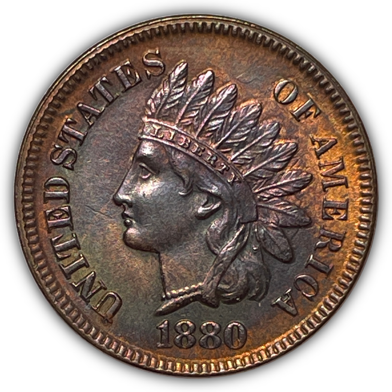 1880 Rainbow Toning Indian Head Cent Uncirculated UNC Coin #17588