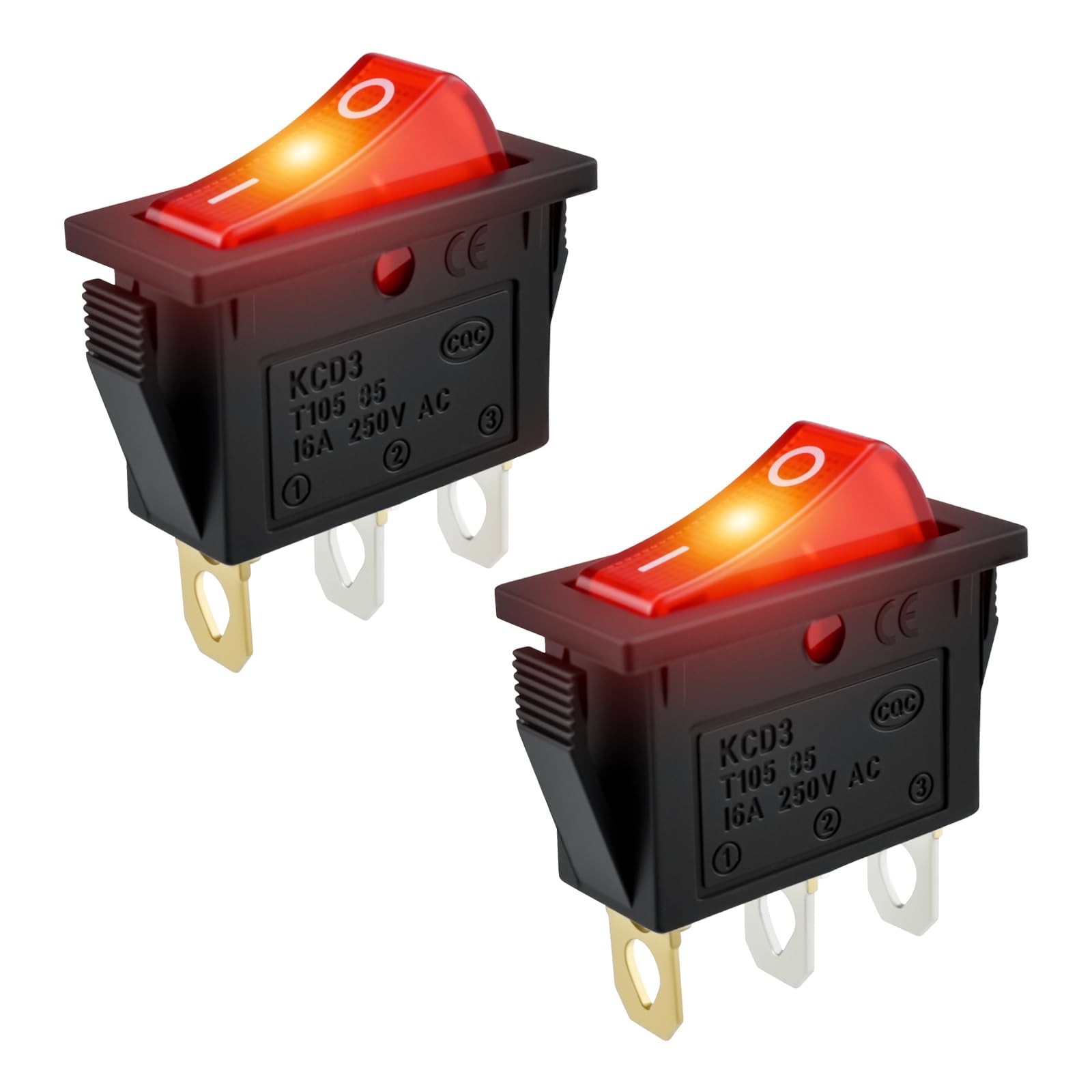 DALQUIS 2Pcs Red LED Lighted KCD3 Rocker Switch | SPST On/Off 2 Position