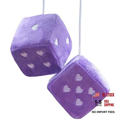 Pair 3” Fuzzy Plush Dice Heart Shape Decor for Car Rearview Mirror, Purple