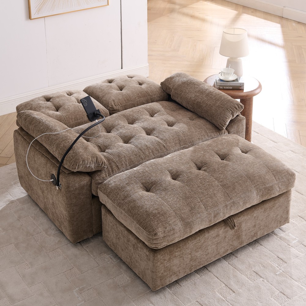 Double Sofa Recliner w/ Adjustable Backrest, USB Port, Ottoman - Brown