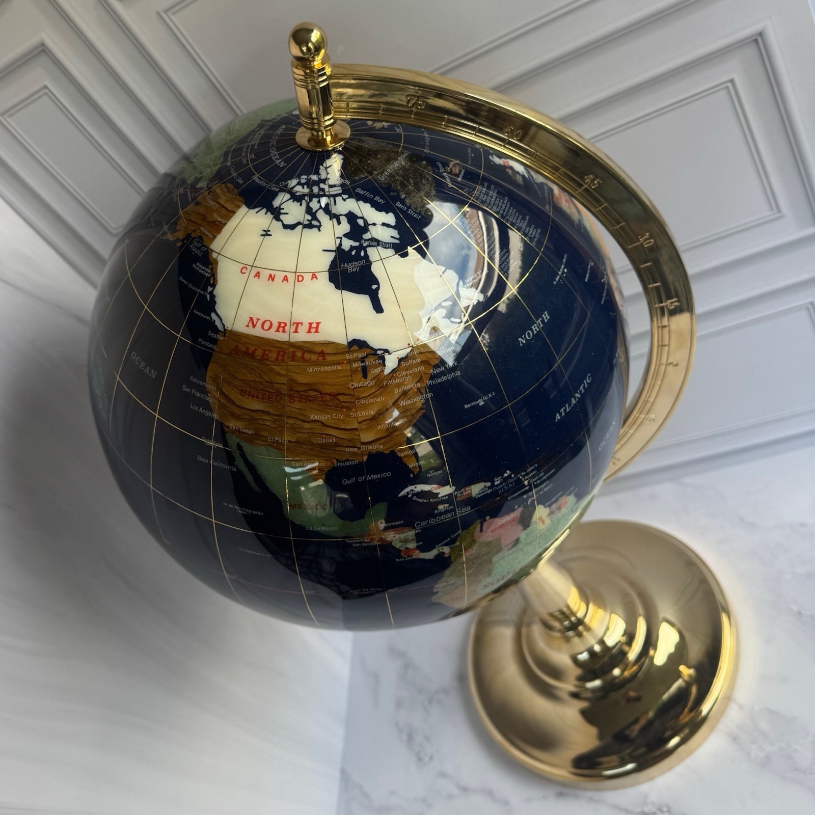 🌍 Large Semi-Precious Stone World Globe on Brass Stand