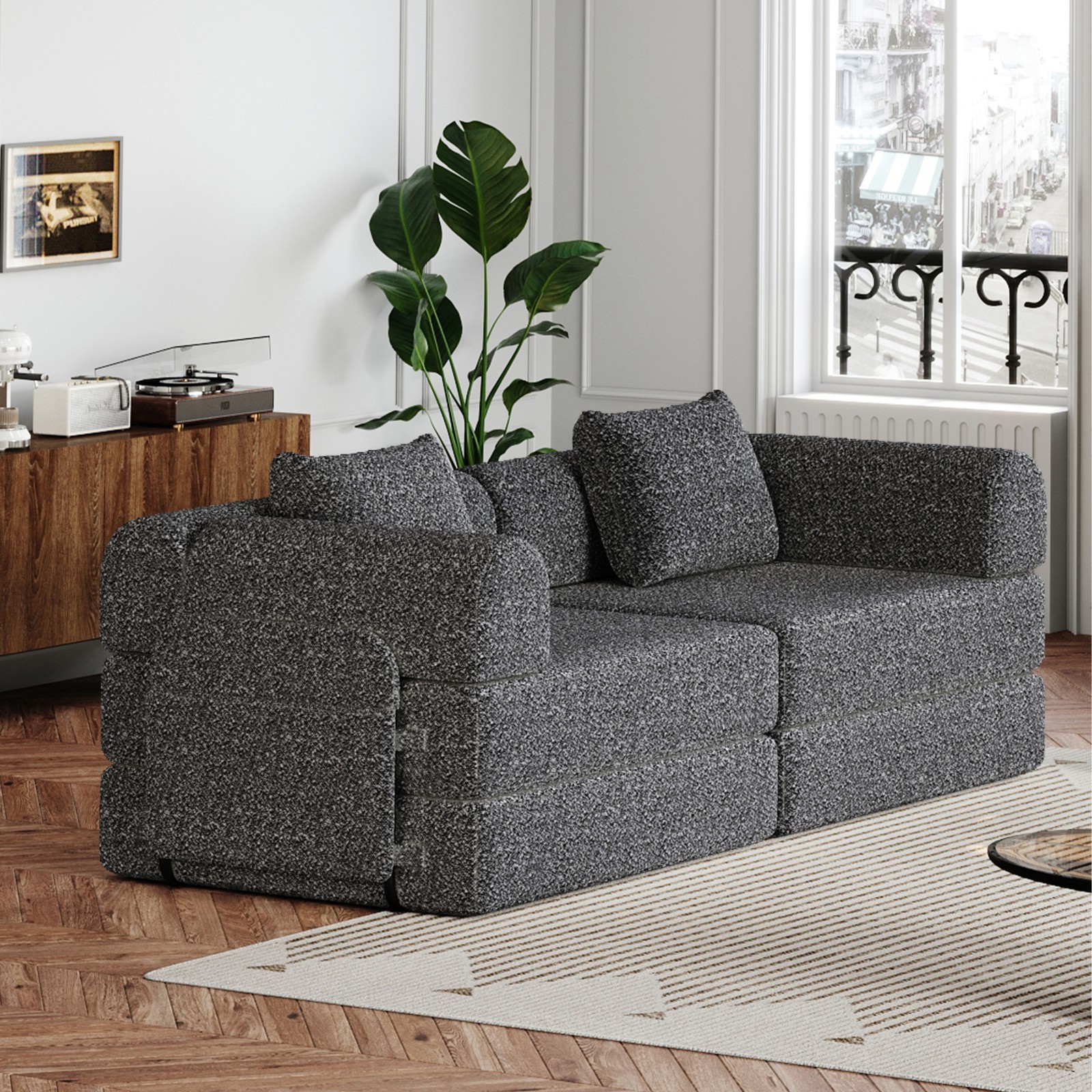 72in foldable Chenier sofa, equipped two side storage bags and two cushions Grey