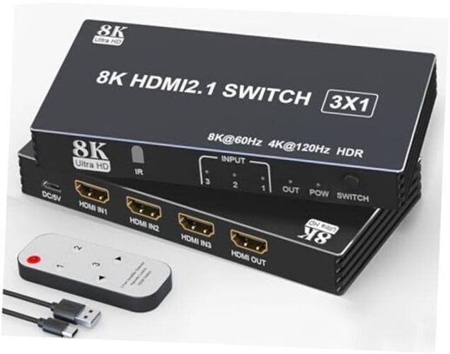 HDMI Switch 4K 120Hz 8K 60Hz – 3 in 1 Out HDMI 2.1 Switcher Box Port 3 in 1 out