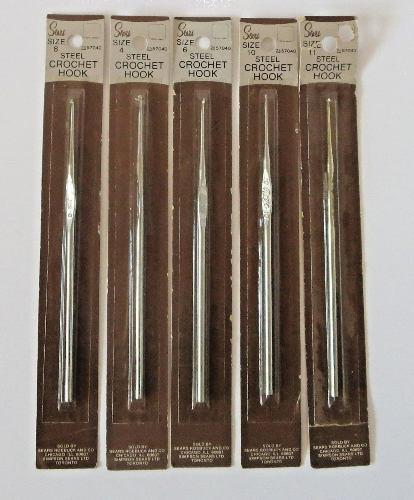 5 NEW SEALED VTG BOYE STEEL CROCHET HOOKS 4 7 8 10 11 SEARS ROEBUCK PACKAGE GOOF